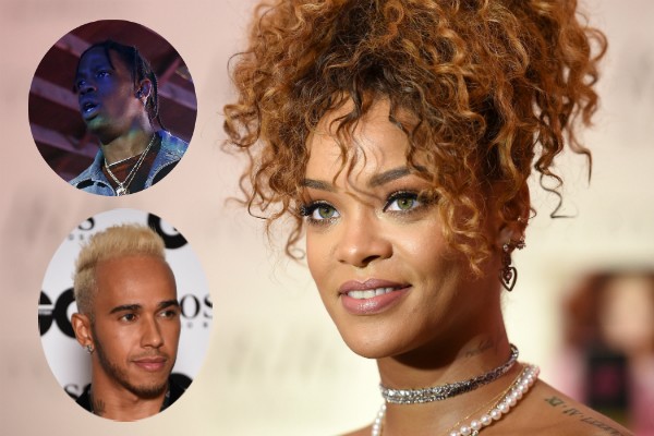 Rihanna e seus dois amores recentes: Travis Scott e Lewis Hamilton (Foto: Getty Images)