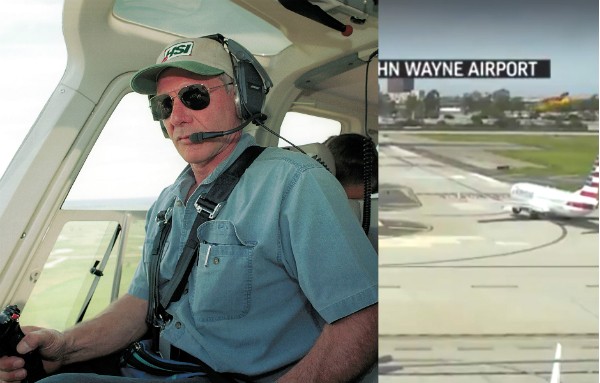 Harrison Ford e o avião pilotado por ele passando próximo ao Boing (Foto: Getty Images/Reprodução)