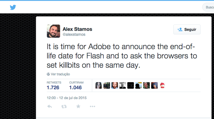 Chefe de segurança do Facebook, Alex Stamos, reclama do Flash no Twitter (Foto: Reprodução/Twitter)
