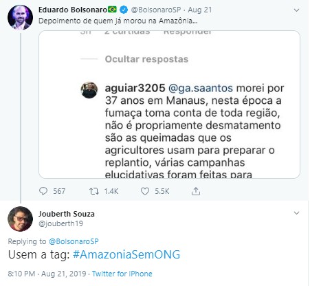 Primeira menção à tag #AmazôniaSemONG veio do perfil @Jouberth19 (Foto: Reprodução/Twitter)