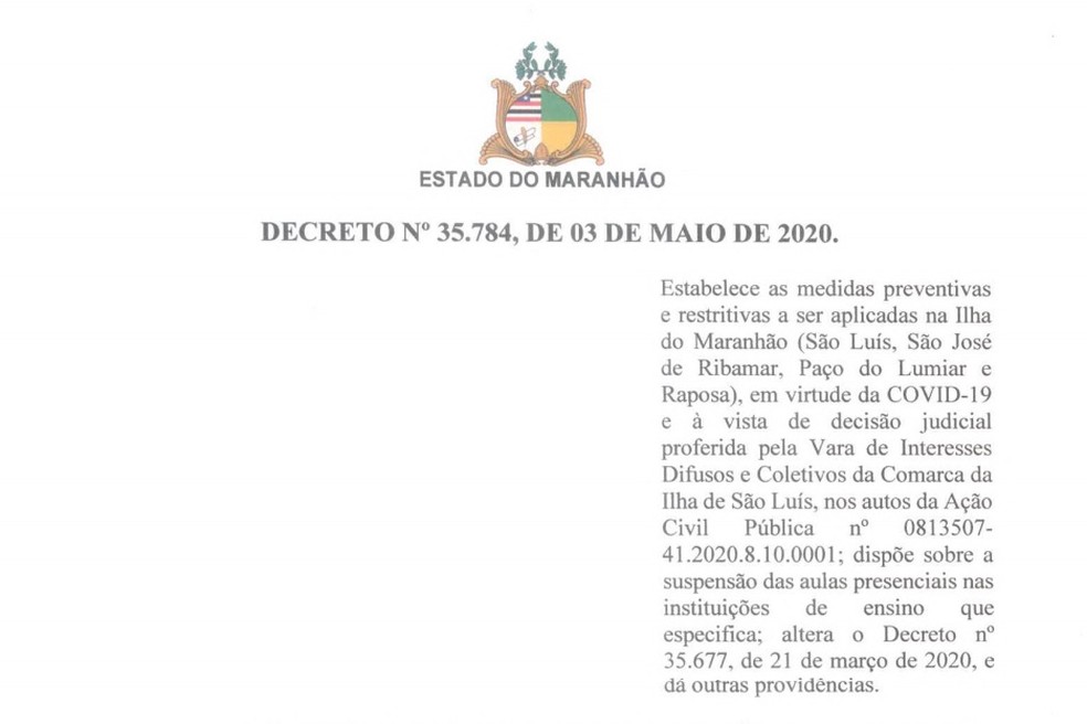 Decreto que determina medidas de lockdown na Grande São Luís — Foto: Governo do MA