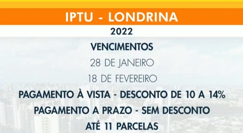 Os paragamentos do IPTU de 2022 devem ser feitos nos dias 28 de janeiro e 18 de fevereiro.  — Foto: RPC Londrina 