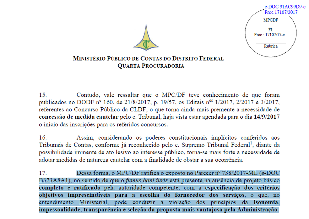 Trecho do parecer do Ministério Público de Contas do DF. (Foto: Reprodução)