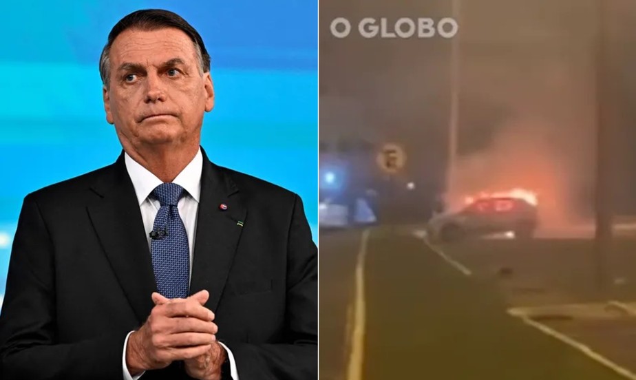 Montagem do ex-presidente Jair Bolsonaro e carros incendiados na sede da PF (em dezembro de 2022)
