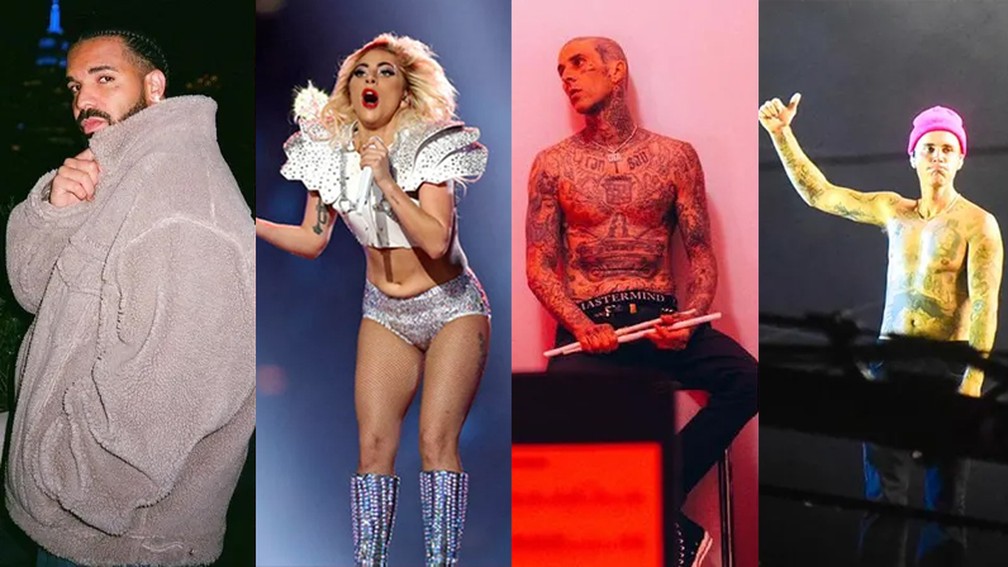 Drake, Lady Gaga, Blink-182 e Justin Bieber deixaram os fãs devastados com cancelamentos no Brasil — Foto: Reprodução/Instagram - Rich Fury / Getty Images via AFP / Agnews / Matthew Emmons-USA TODAY Sports
