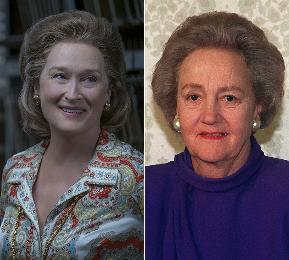 À esquerda: a atriz Meryl Streep caracternizada como Katharine 'Kay' Graham no filme 'The Post: A guerra secreta'; à direita: a própria Kay Graham (Foto: Divulgação e Kazuhiro Nogi/AFP/Arquivo)