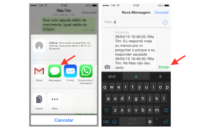 Encaminhando mensagens do WhatsApp do iPhone por SMS (Foto: Reprodução/Marvin Costa)