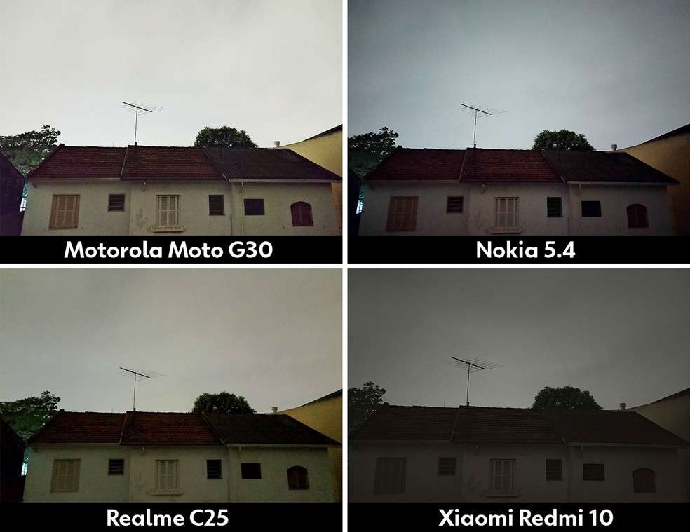 Tirar foto à noite com smartphone intermediário é um desafio em todos os aparelhos - o Moto G30 é o melhor entre os quatro aparelhos — Foto: Henrique Martin/g1