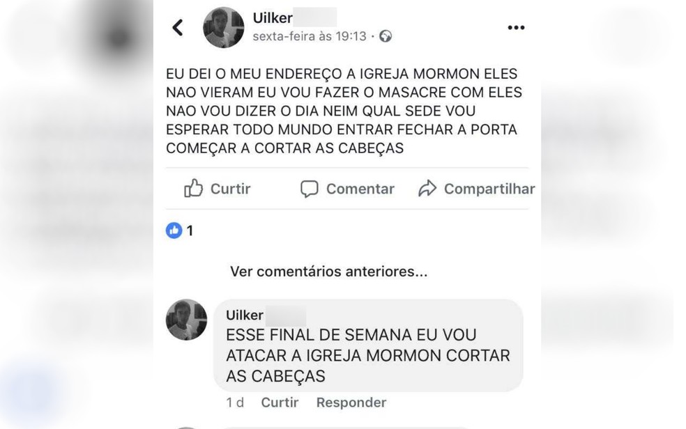 Suspeito de esfaquear fiéis em igreja postou em rede social que faria massacre, em Aparecida de Goiânia — Foto: Polícia Civil/Divulgação