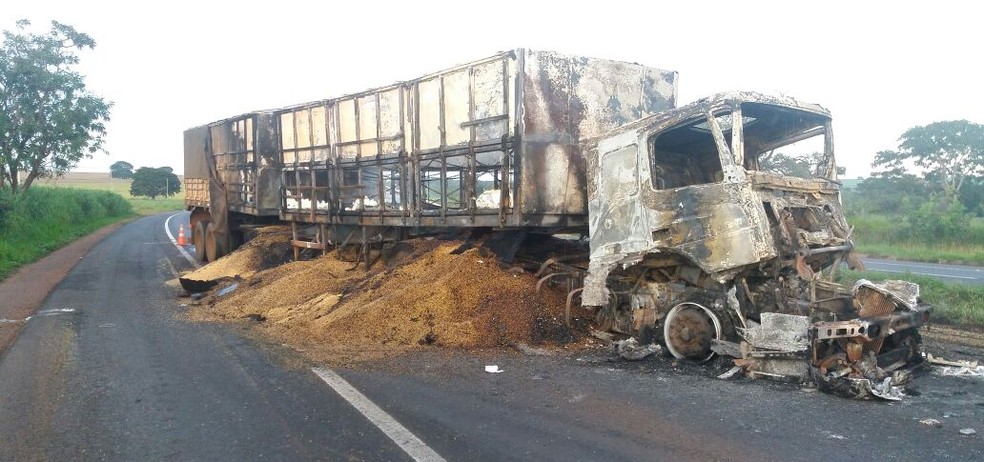 Carreta pegou fogo na BR-365 no Triângulo Mineiro (Foto: PRF/Divulgação)