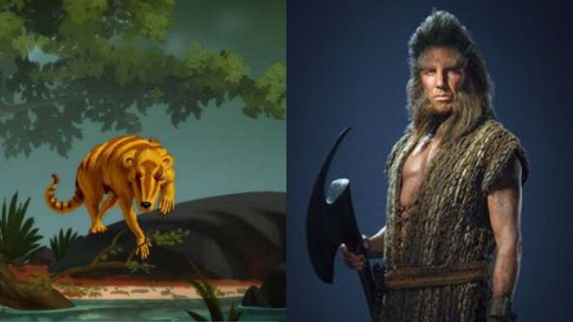Beornus honeyi, mamífero que viveu no Paleoceno (esquerda), e Beorn, personagem de O Hobbit (direita) (Foto: Art Banana Studio/Reprodução)