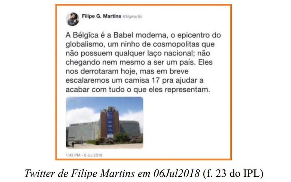 Tweet do assessor Filipe Martins que defende visões nacionalistas — Foto: MPF/Reprodução