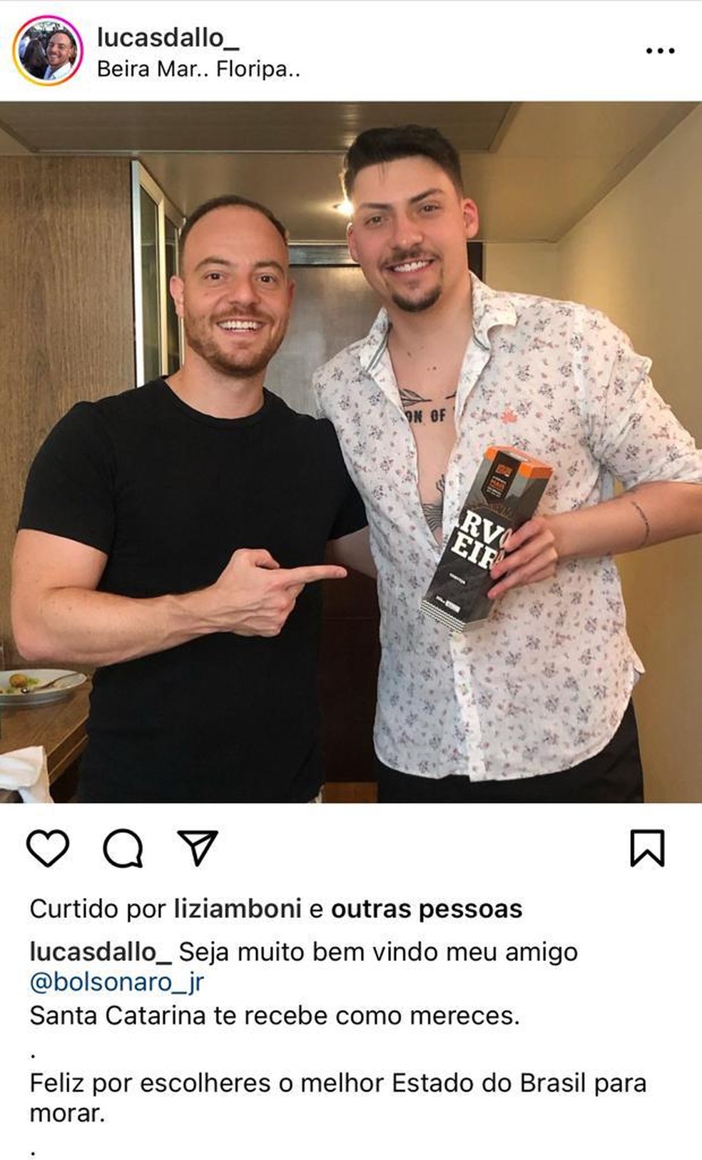Advogado e empresário amigo de Jair Renan celebra em postagem ida do 04 para SC — Foto: Reprodução/Instagram
