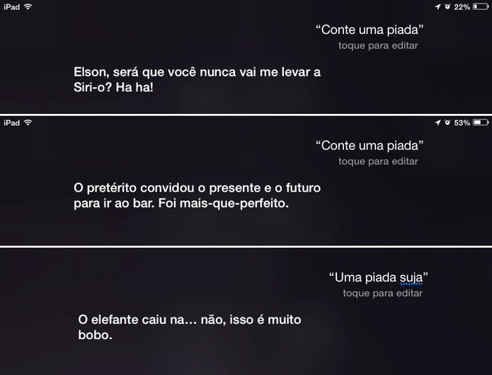 Siri ? capaz de fazer piadas em Portugu?s a pedido do usu?rio (Foto: Reprodu??o/Elson de Souza)