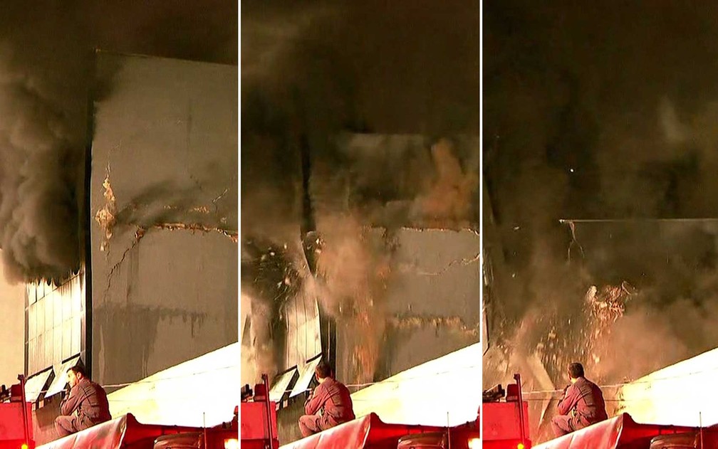 Sequência mostra quando parte de prédio no Centro de SP desaba após incêndio — Foto: Reprodução / TV Globo