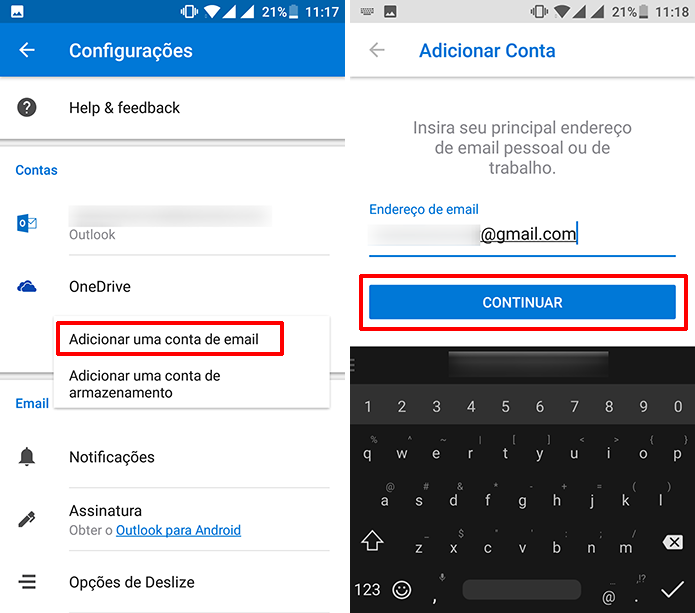 Digite o endereço do Gmail que deseja sincronizar ao Outlook para Android (Foto: Reprodução/Elson de Souza)