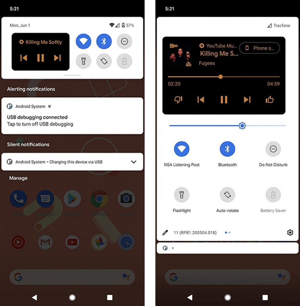 Versão beta do Android 11 traz controle de música integrado ao menu de configurações rápidas — Foto: Reprodução/XDA-Developers