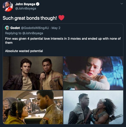 O ator John Boyega fazendo piada com as muitas paixões de seu personagem na franquia Star Wars (Foto: Twitter)