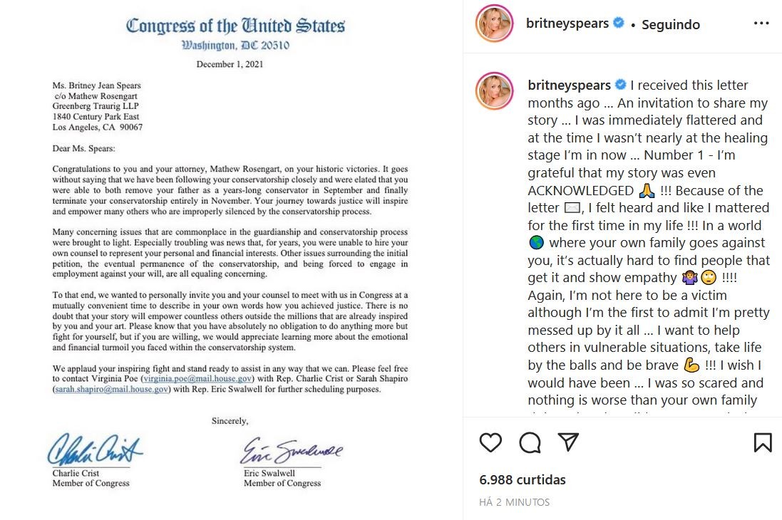 Britney Spears mostra carta que recebeu do Congresso dos EUA (Foto: Reprodução/Instagram)