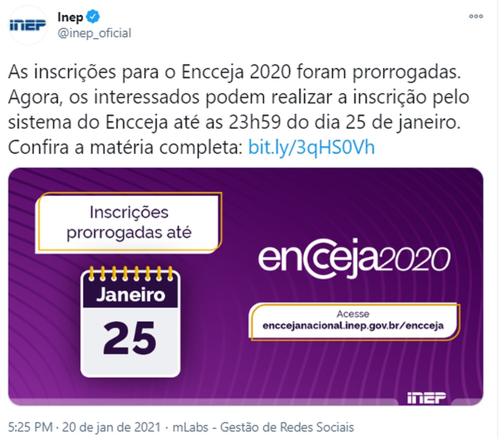 Inep prorroga inscrições no Encceja 2020 — Foto: Reprodução/Twitter/@Inep_oficial