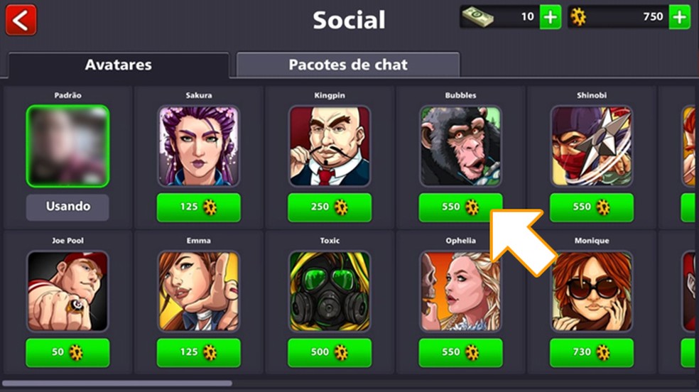 Escolha um dos avatares de 8 Ball Pool para comprar com as moedas do jogo — Foto: Reprodução/Rafael Monteiro