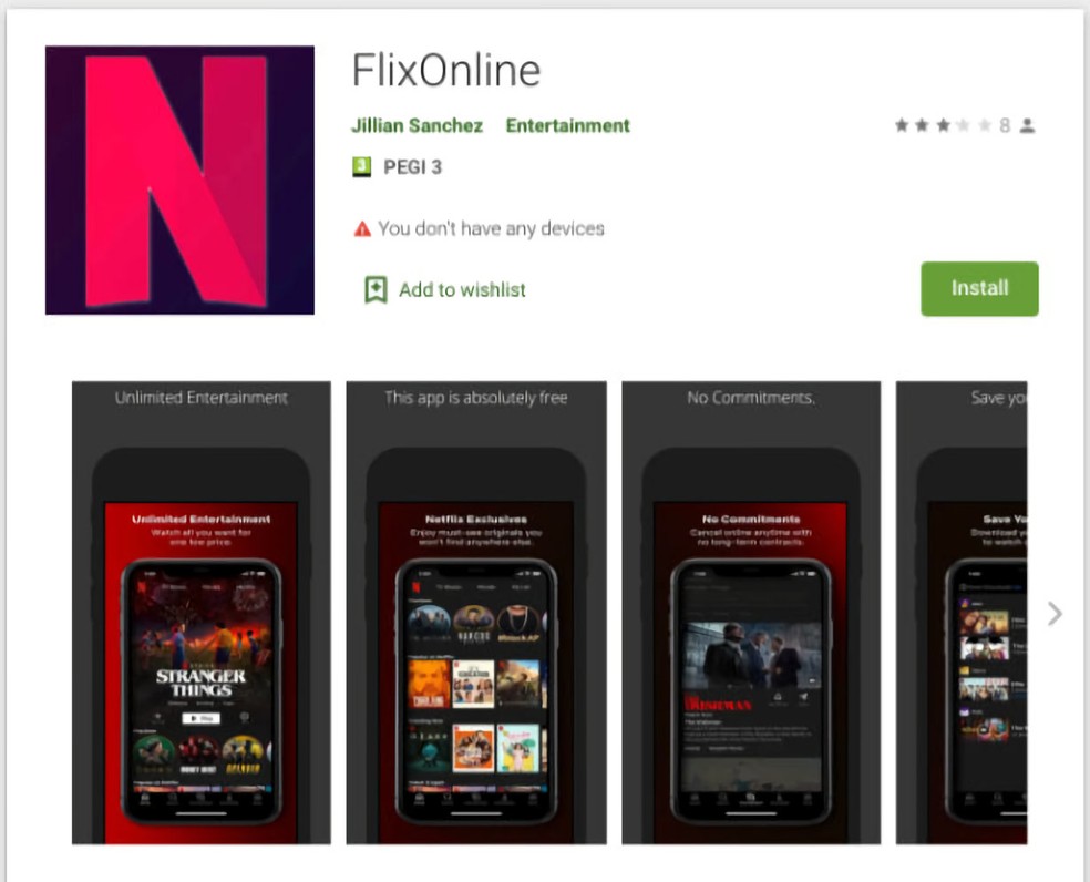 Aplicativo falso 'FlixOnline' publicado na Play Store — Foto: Reprodução