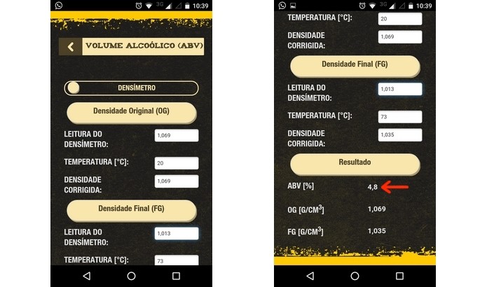 Cálculo de volume alcoólico feito pelo Lamas Brew Tool (Foto: Reprodução/Raquel Freire)