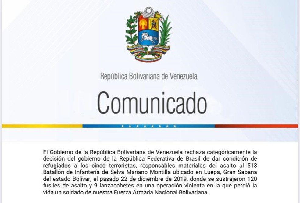 Reprodução do comunicado divulgado pelo governo da Venezuela — Foto: Reprodução/Governo da Venezuela