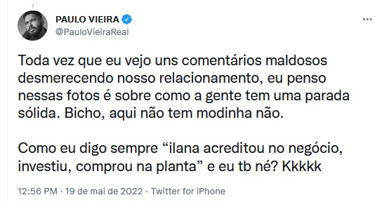 Paulo Vieira fala sobre namoro com Ilana Sales (Foto: Reprodução/Instagram)