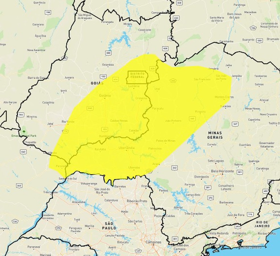 Mapa mostra área contemplada pelo alerta de chuvas do Inmet no Triângulo, Alto Paranaíba e Noroeste de Minas — Foto: Inmet