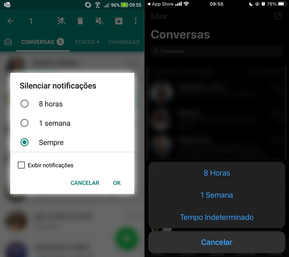 Opção para silenciar chats para sempre no WhatsApp para celulares Android (esquerda) e iPhone (direita). — Foto: Reprodução