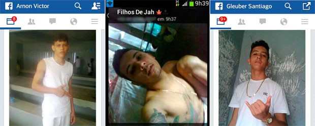 Arnon Victor Marques Nascimento e  Gleuber Santiago estão presos por assalto e publicaram fotos no Facebook. Cássio Servulo Meira da Nóbrega, que responde por tráfico de drogas, usou o  WhatsApp (Foto: Reprodução/G1)