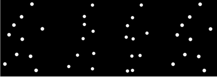 Successive frames of the movie showing the walker, indicated by luminous dots indicating the points of articulation of a body