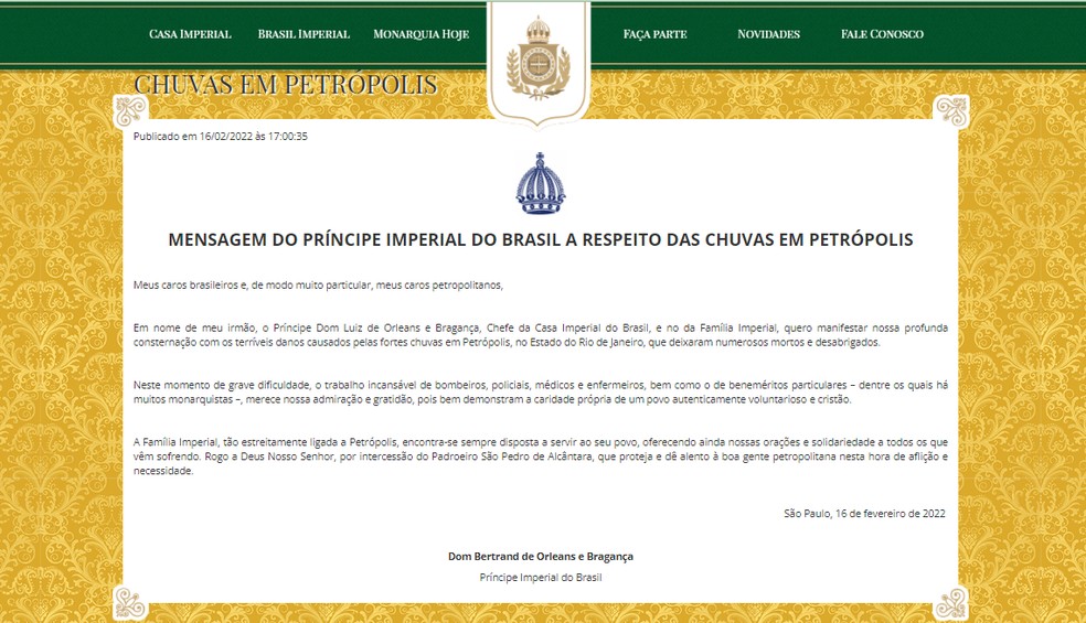 Mensagem sobre a tragédia em Petrópolis, assinada por Dom Bertrand de Orleans e Bragança, foi publicada no site oficial da família — Foto: Reprodução