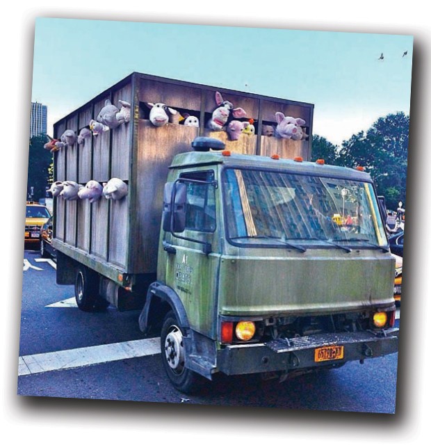 O artista encheu um caminhão com bichos de pelúcia e colocou um alto- -falante no topo emitindo sons de animais gravados em matadouros. O veículo circulou pelo meatpacking District, bairro onde ficavam os açougues de Nova York e hoje abriga lojas de grand (Foto: Divulgação)