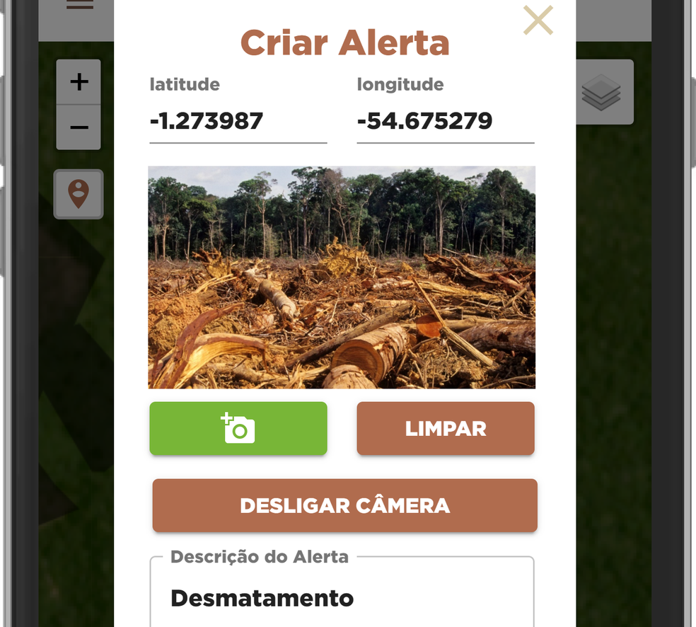 Criação de alerta com o aplicativo TerraOnTrack — Foto: Imaflora