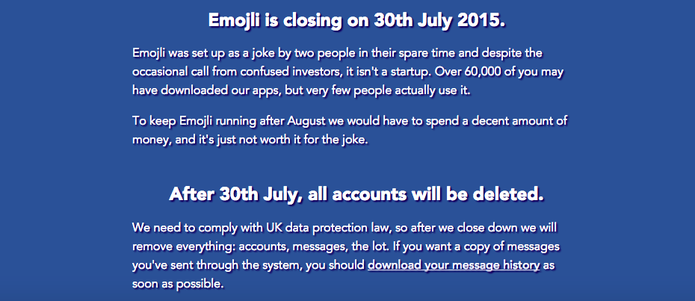Comunicado oficial do Emojli avisa que a rede social vai parar de funcionar no dia 30 de julho (Foto: Divulga??o/ Emojli)