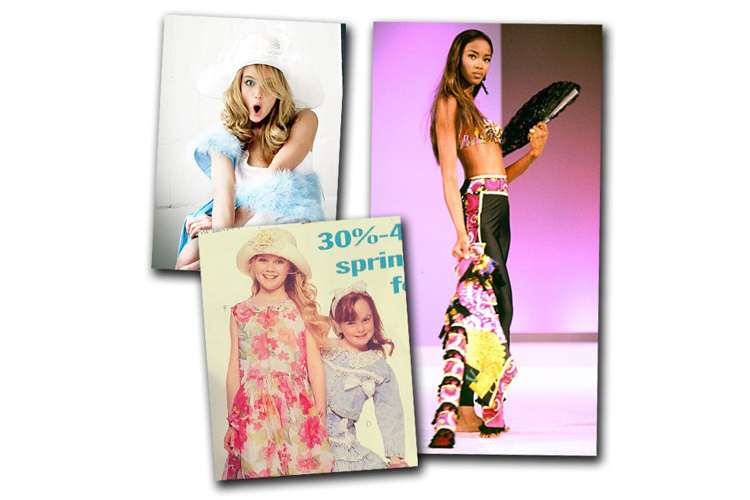 Atuais ícones de estilo: Jennifer Lawrence e Kirsten Dunst (de vestido floral logo abaixo). À direita, Naomi Campbell com apenas 15 anos    