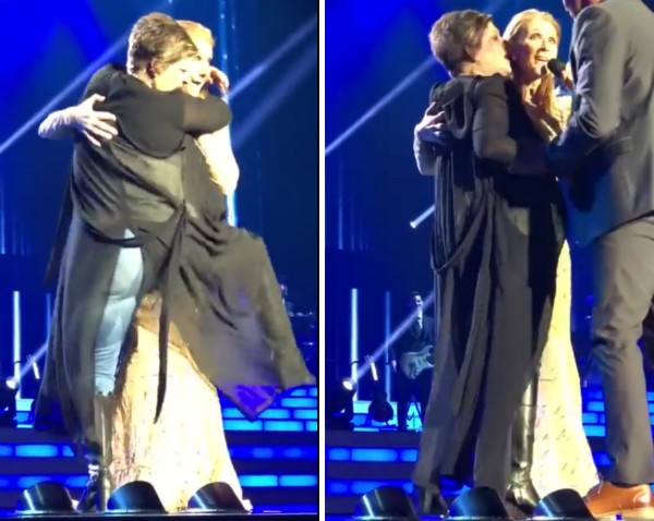 A cantora Celine Dion sendo abraçada por uma fã que invadiu o palco de seu show (Foto: YouTube)