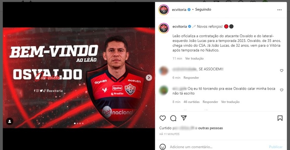 Vitória anuncia contratação de Osvaldo e João Lucas — Foto: Reprodução