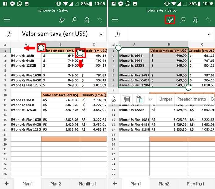 Selecione os dados que deseja usar na tabela do Excel para Android (Foto: Reprodução/Elson de Souza)