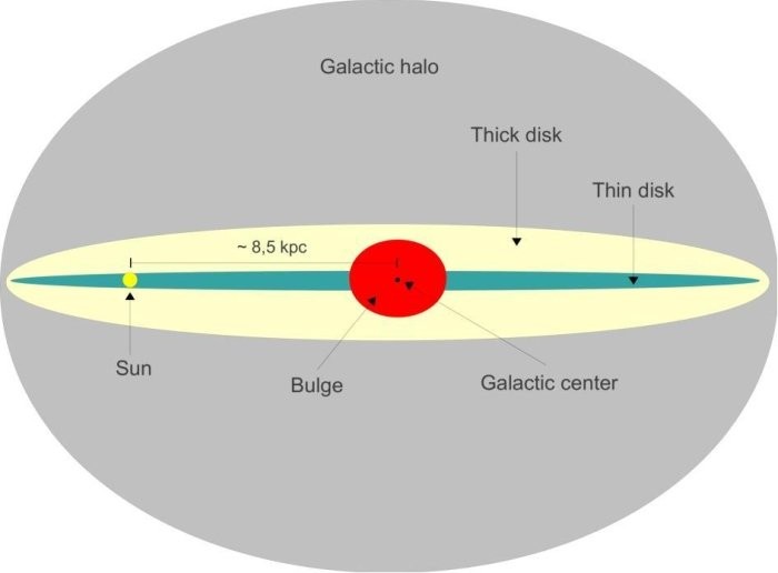 Esquema da Via Láctea onde é possível ver o disco fino e o disco inchado da galáxia (Foto: Wikimedia Commons)
