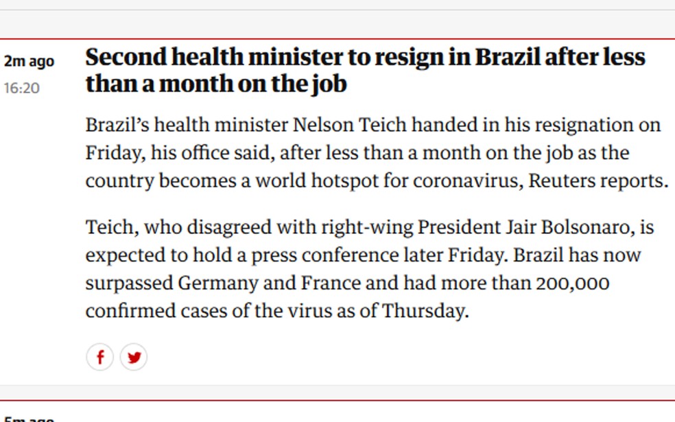 Jornal britânico “The Guardian” informou rapidamente a saída do ministro Nelson Teich — Foto: Reprodução/ G1