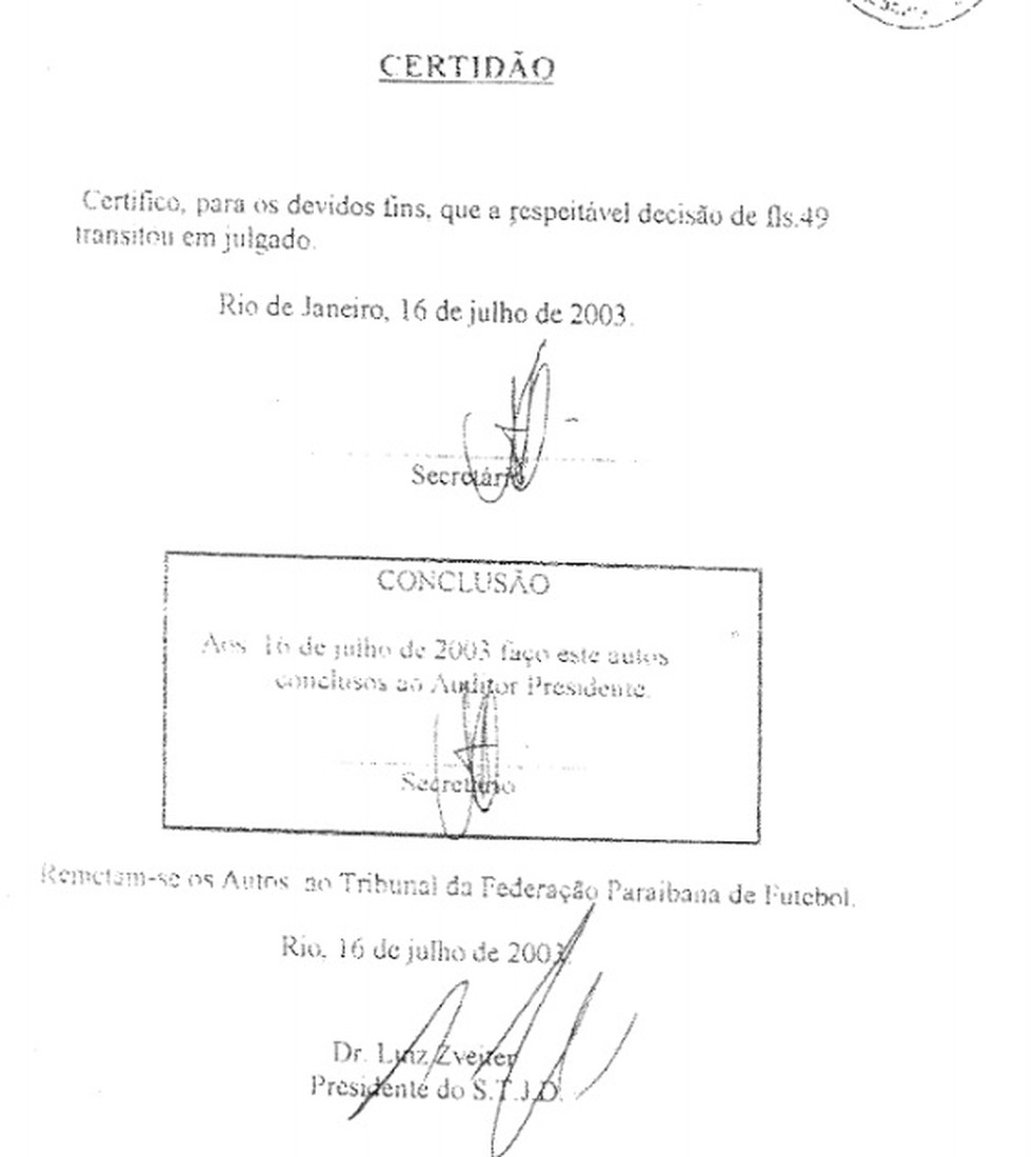 Certidão obtida pelo Botafogo-PB em 2003 mostra que o caso foi transitado e julgado no STJD — Foto: Reprodução