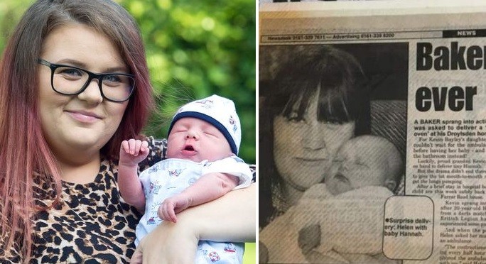 À esquerda, Hannah com o filho e, à direita, Helen com Hannah recém-nascida, em matéria de jornal (Foto: Reprodução/Mirror)