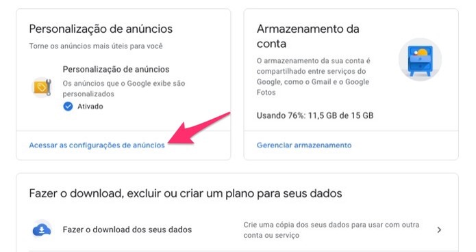 Ação para acessar as configurações para anúncios em uma conta do Google (Foto: Reprodução/Marvin Costa) Ação para acessar as configurações para anúncios em uma conta do Google (Foto: Reprodução/Marvin Costa)