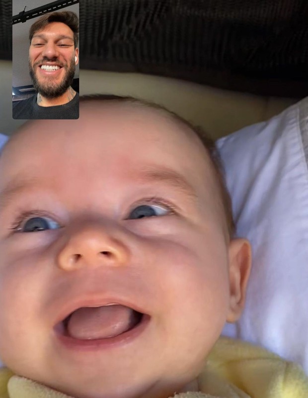 Lucas Lucco mostra chamada de vídeo com o filho de quase três meses (Foto: Reprodução/Instagram e Arquivo pessoal)