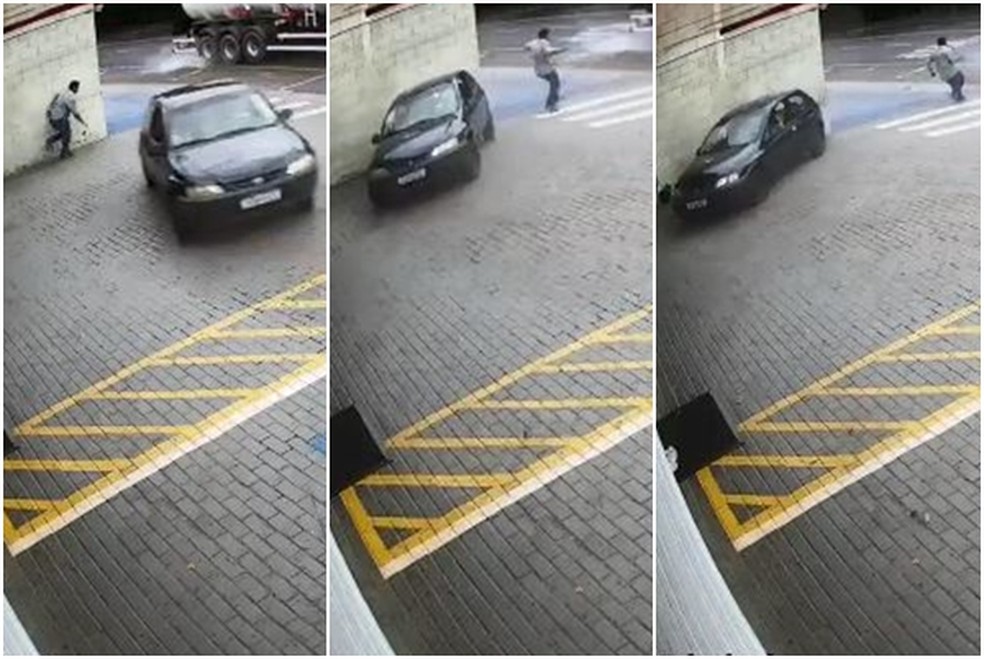 Homem desviou de carro desgovernado e evitou atropelamento em Rio Preto (SP) — Foto: Reprodução/Circuito de Segurança