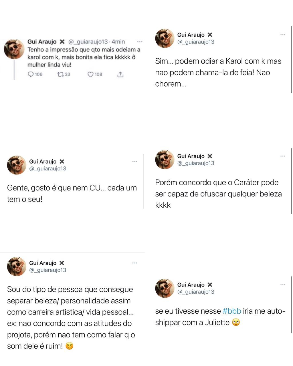 Gui Araújo exalta beleza de Karol Conká (Foto: Reprodução/Instagram e Twitter)