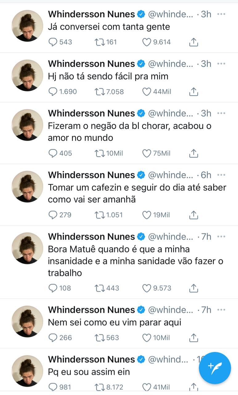 Whindersson Nunes se mostra em um dia ruim com posts nas redes sociais (Foto: Reprodução/Twitter)